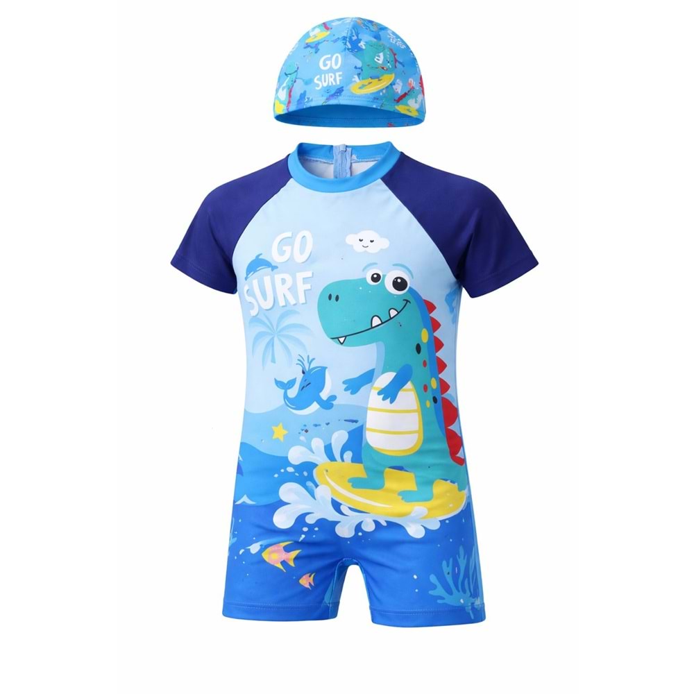 Dino Surf Tulum Boxer Şortlu Mayo + Bone Plaj Set - MAVİ - 2-3 YAŞ