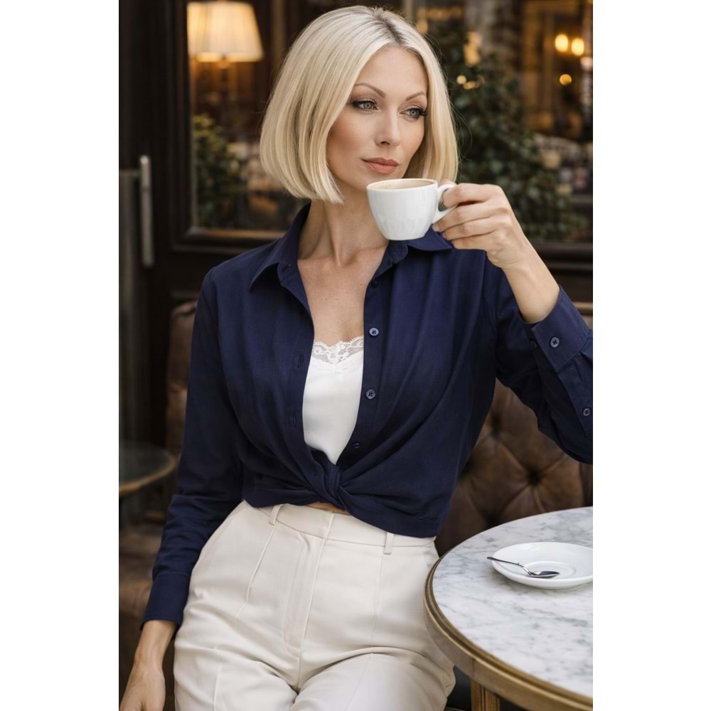 Bodyform Premium İç Dantel 2 Parça Görünümlü Bel Detaylı Gömlek - LACİVERT - L