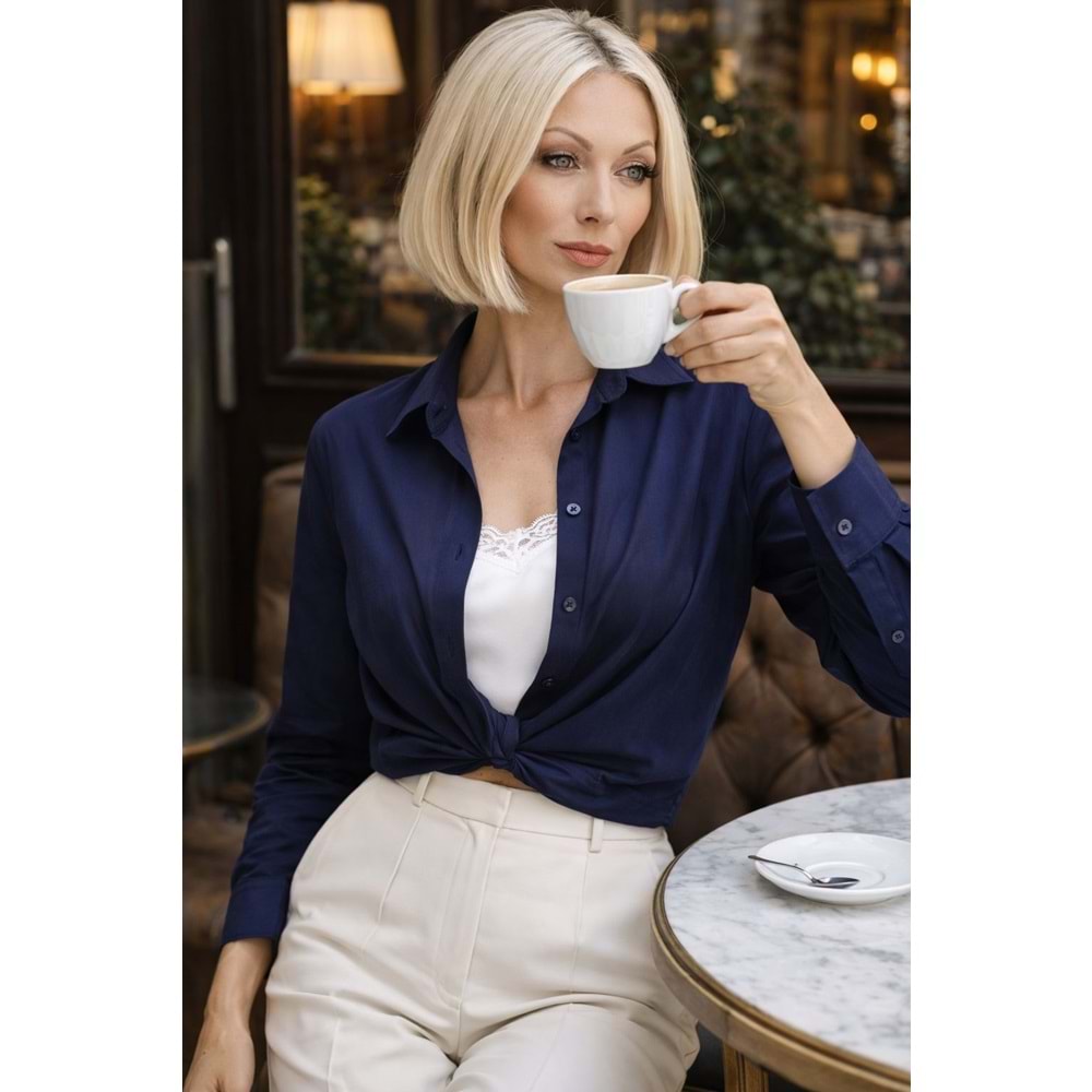 Bodyform Premium İç Dantel 2 Parça Görünümlü Bel Detaylı Gömlek - LACİVERT - L