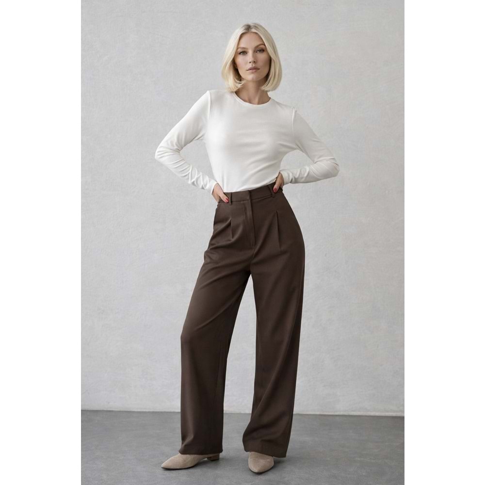 Mocha Signature High Waist Wide Leg Dökümlü Şehir Stili Pantolon - KAHVERENGİ - L