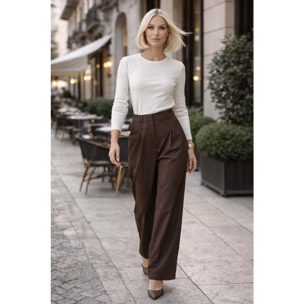 Mocha Signature High Waist Wide Leg Dökümlü Şehir Stili Pantolon - KAHVERENGİ - L