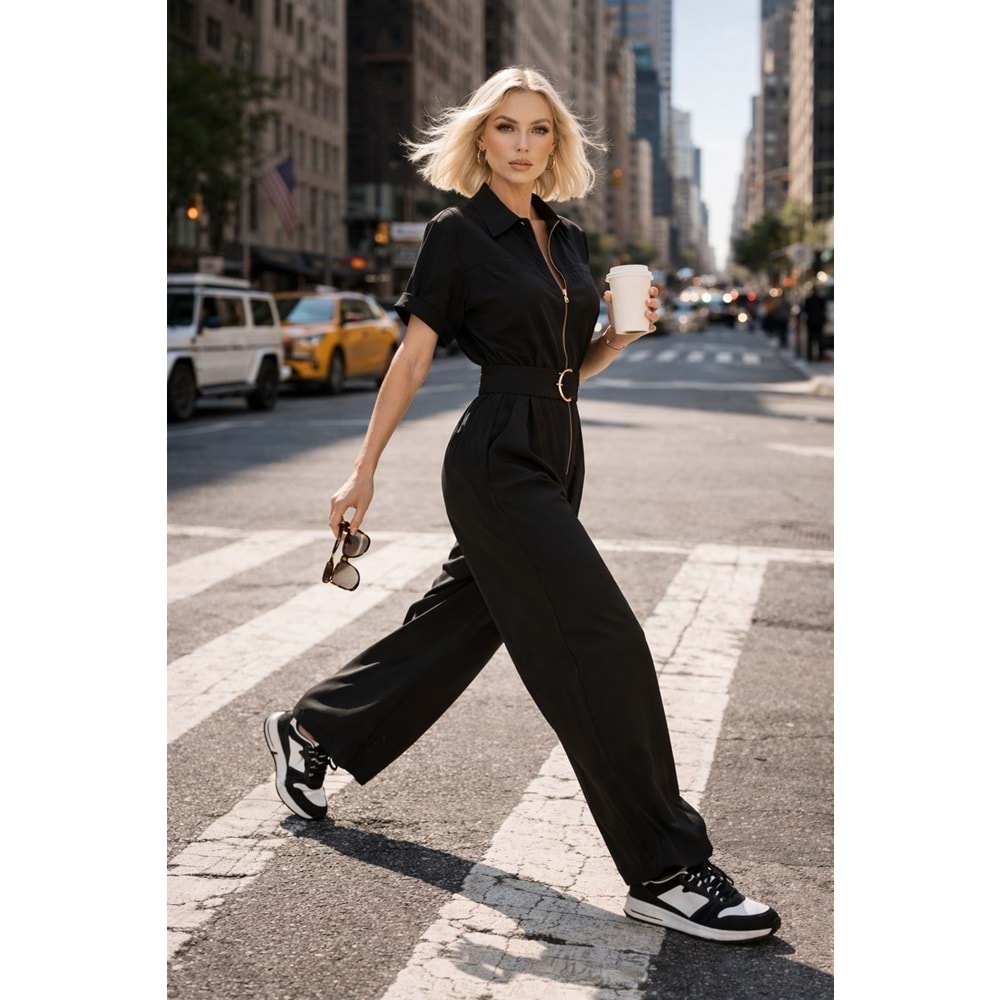 Şehirde Tek Parça Güç Fermuarlı Kemerli Tulum - SİYAH - L