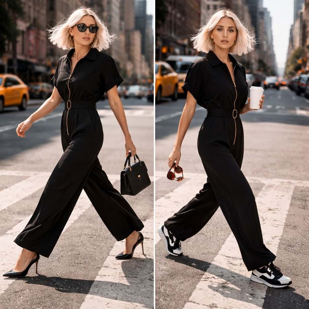 Şehirde Tek Parça Güç Fermuarlı Kemerli Tulum - SİYAH - L