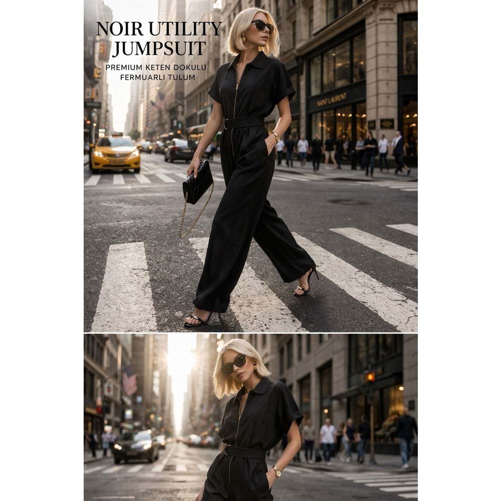 Şehirde Tek Parça Güç Fermuarlı Kemerli Tulum - SİYAH - L