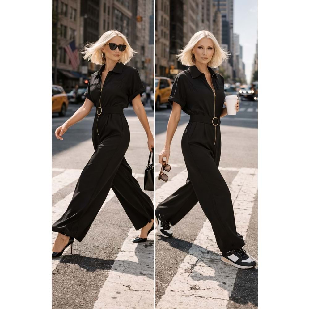 Şehirde Tek Parça Güç Fermuarlı Kemerli Tulum - SİYAH - L