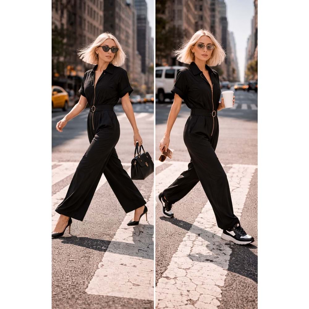 Şehirde Tek Parça Güç Fermuarlı Kemerli Tulum - SİYAH - L