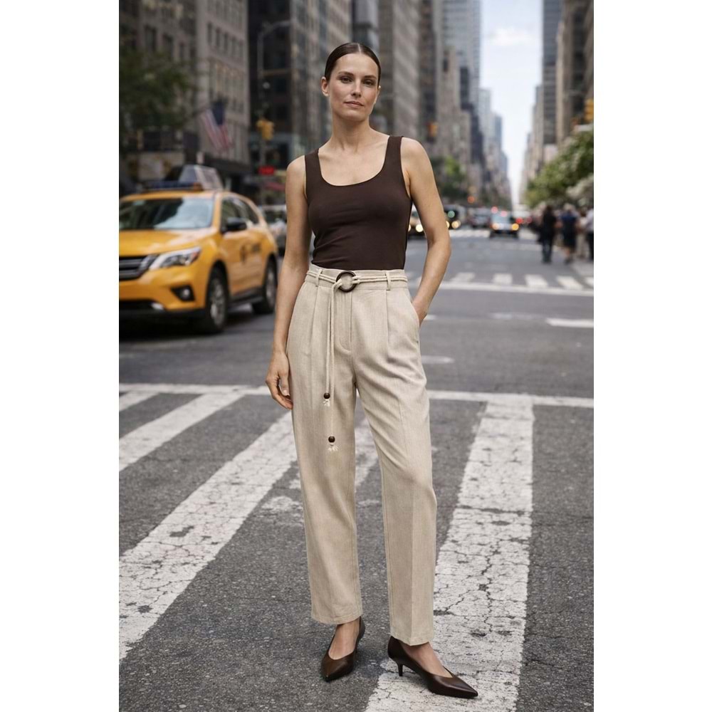 Krem Renk Premium Dökümlü Kesin Yüksek Bel Kemer Detaylı Yüksek Bel