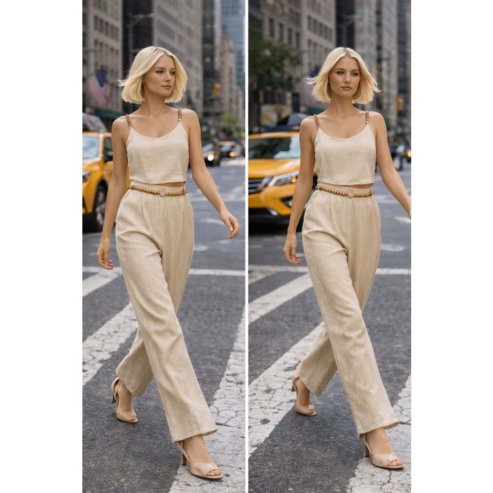 Krem Doğal Dokulu Askılı Takım Premium Summer Set - KREM - L