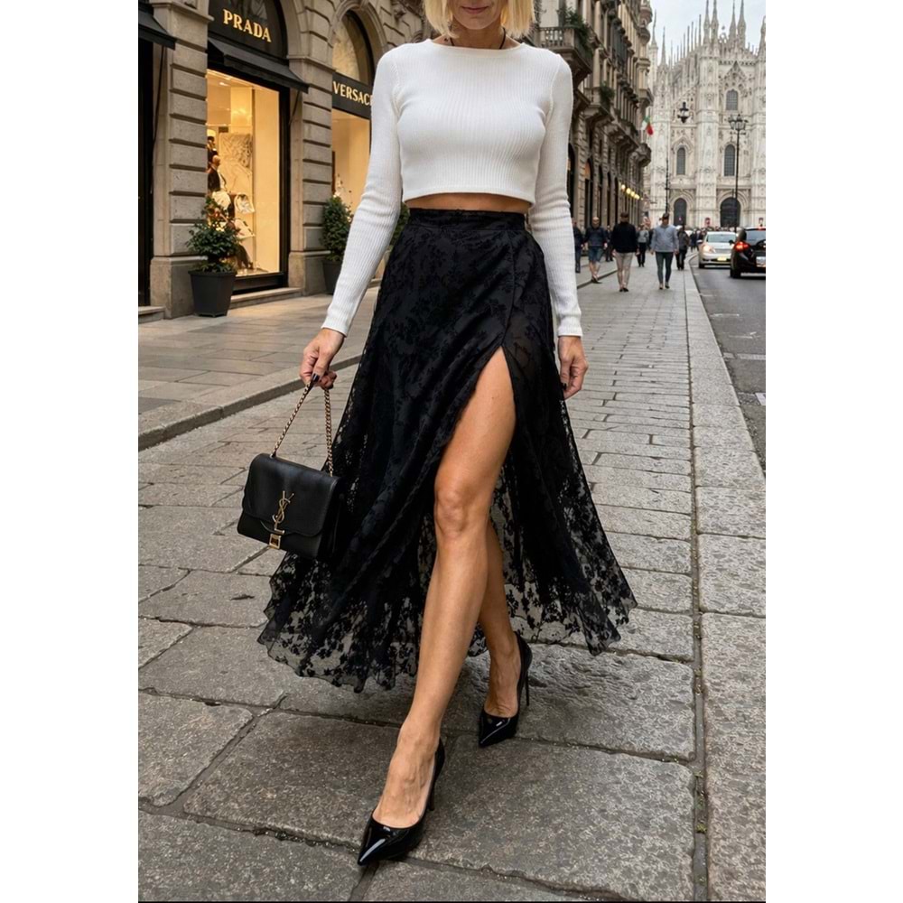 Midnight Lace Dantel Detaylı Derin Yırtmaçlı Uzun Etek - SİYAH - L
