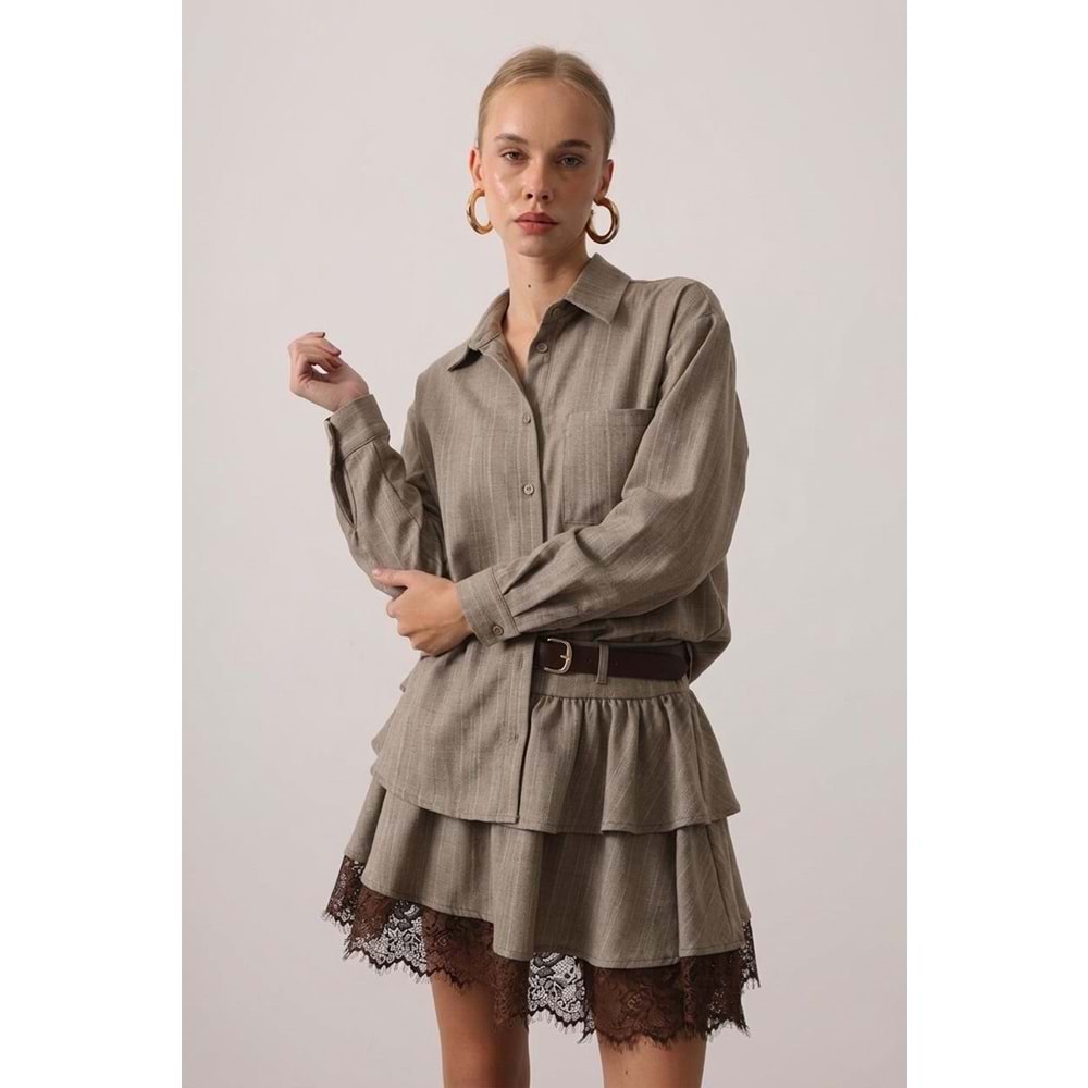 Vizon Volanlı Ve Kemerli Dantel Detaylı Kadın Mini Etek - VİZON - L