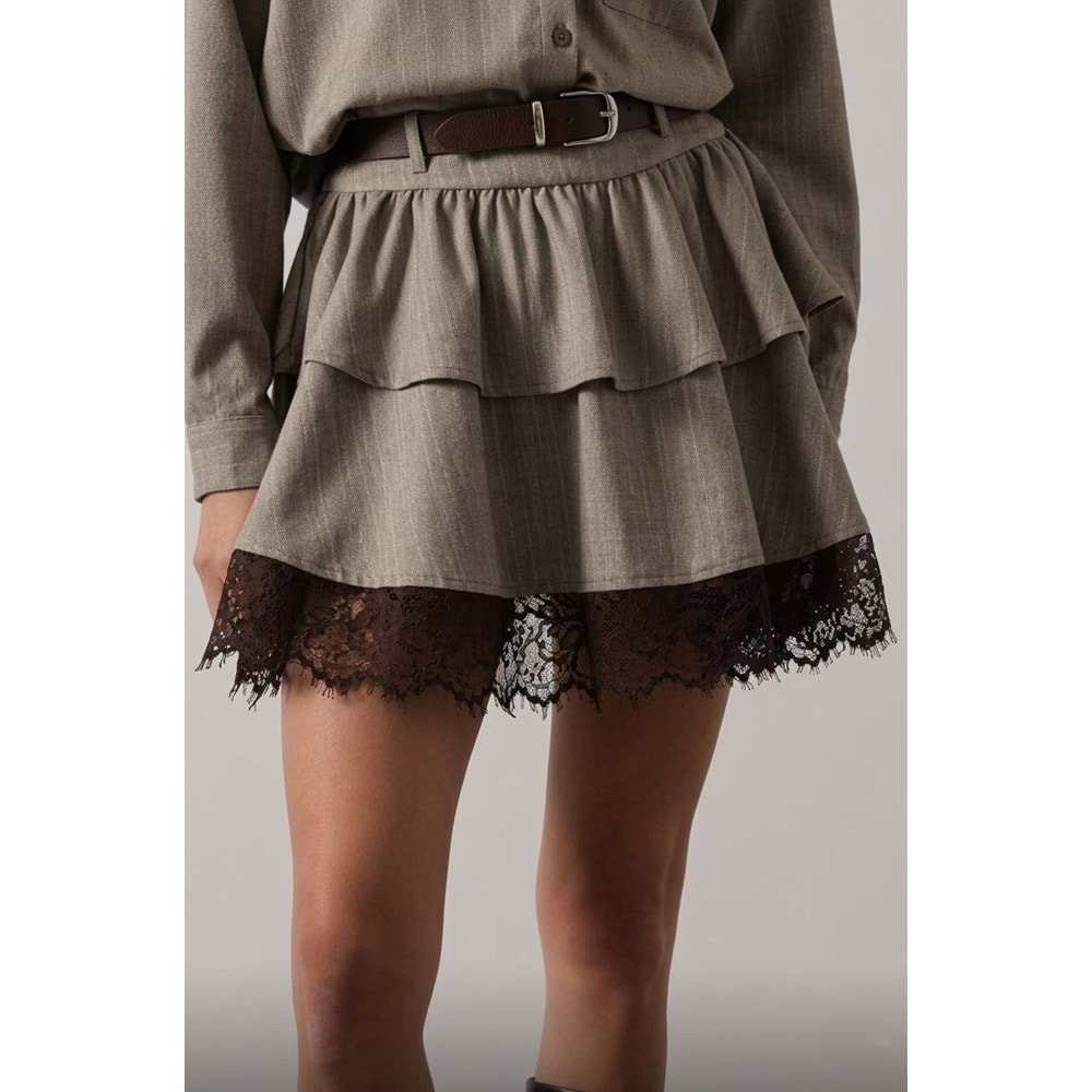 Vizon Volanlı Ve Kemerli Dantel Detaylı Kadın Mini Etek - VİZON - L