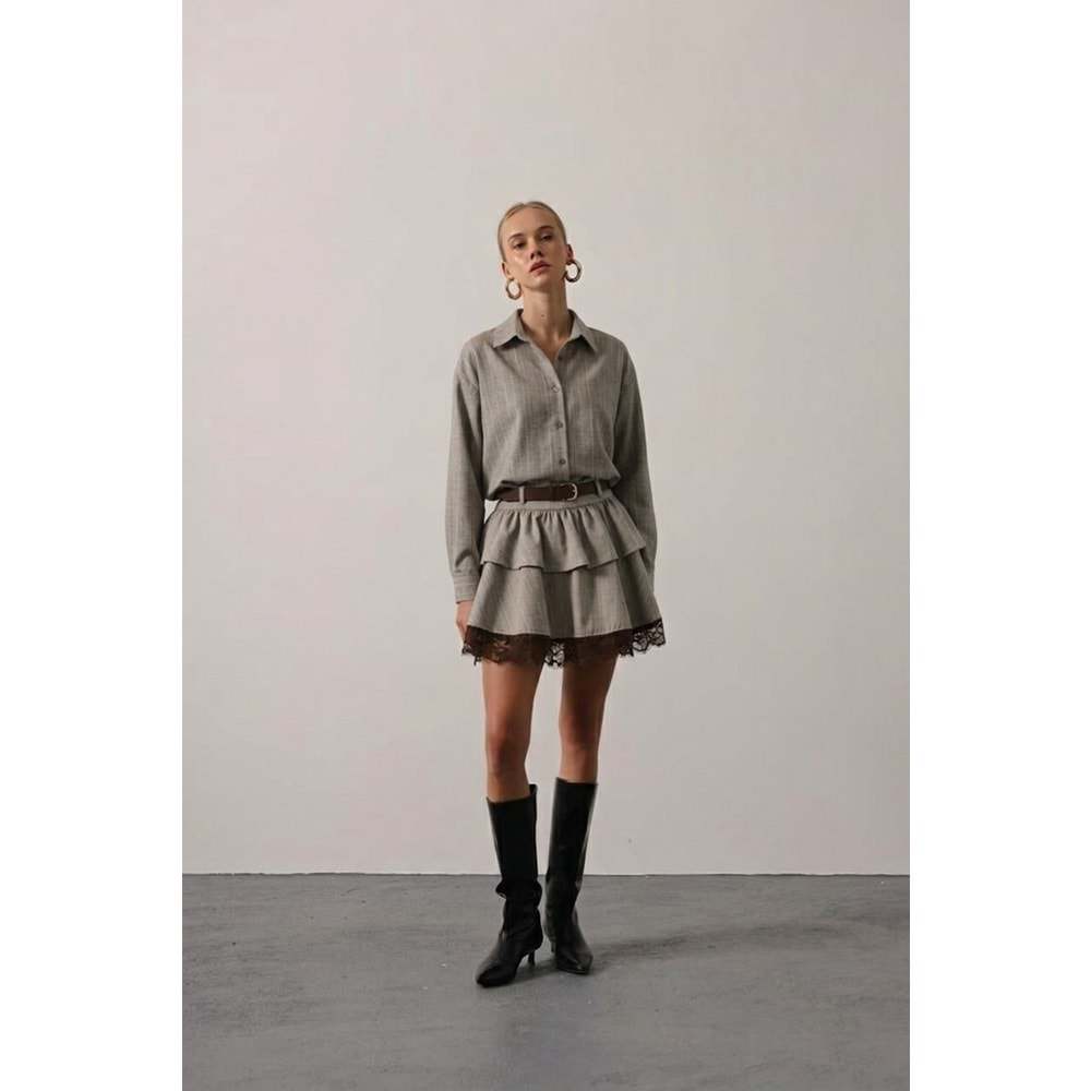 Vizon Volanlı Ve Kemerli Dantel Detaylı Kadın Mini Etek - VİZON - L