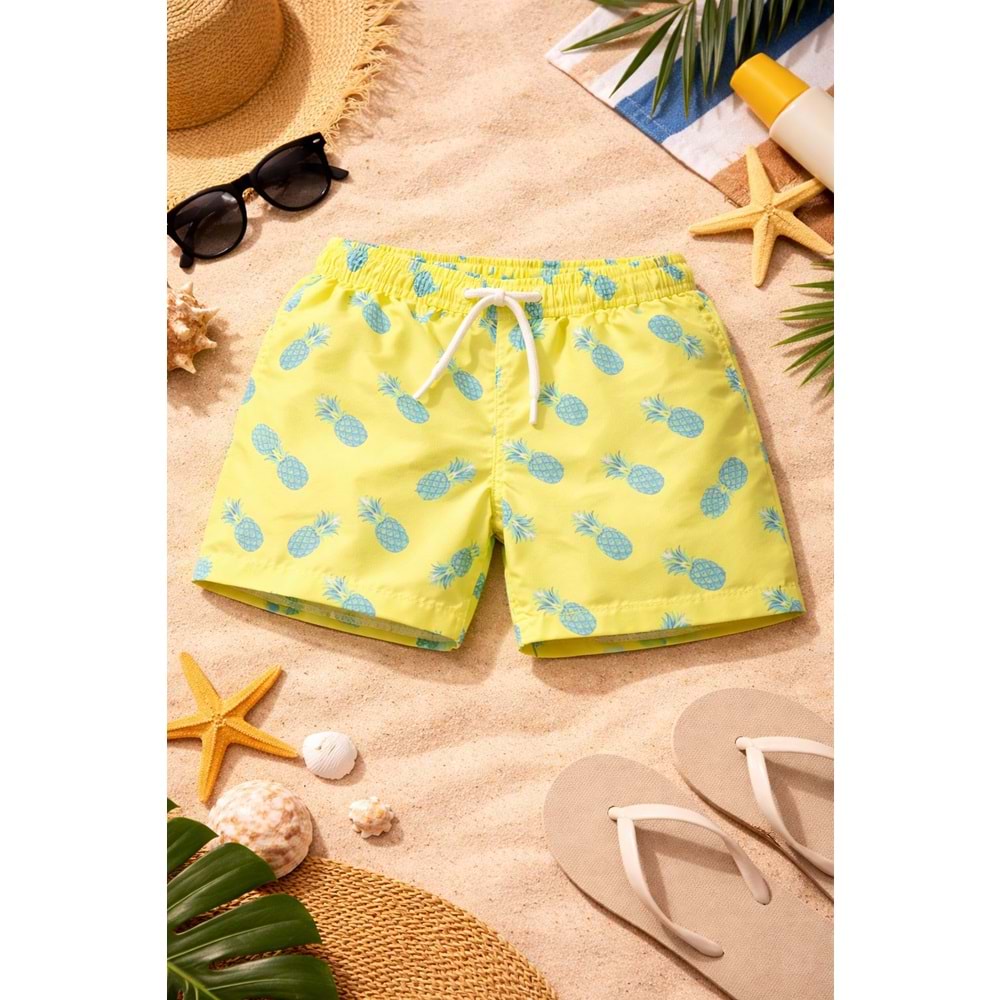 Yeni Sezon Erkek Çocuk Desenli Baskılı Bel Bağcıklı Şort Mayo Fileli Tam / Regular Kalıp - SARI - 3-4 YAŞ