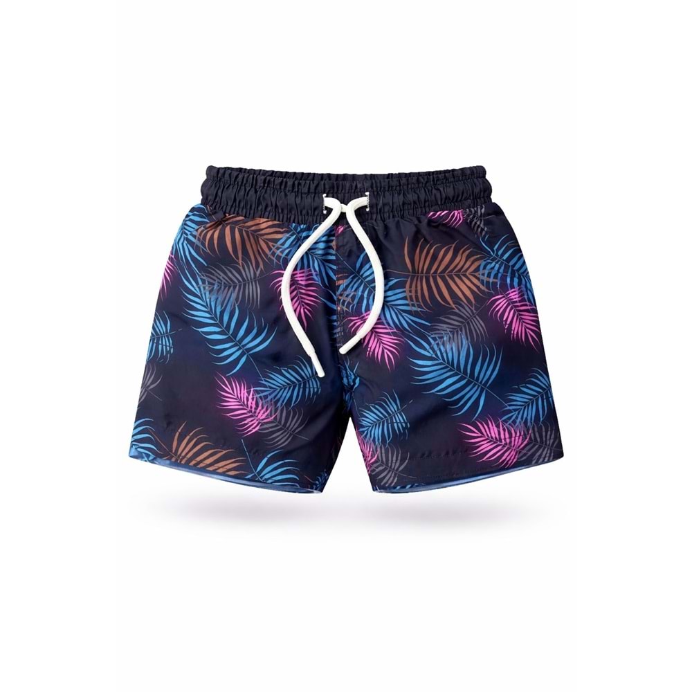 Yeni Sezon Erkek Çocuk Desenli Baskılı Bel Bağcıklı Şort Mayo Fileli Tam / Regular Kalıp - SİYAH - 3-4 YAŞ