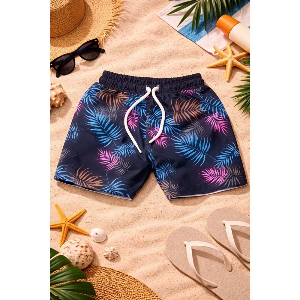 Yeni Sezon Erkek Çocuk Desenli Baskılı Bel Bağcıklı Şort Mayo Fileli Tam / Regular Kalıp - SİYAH - 3-4 YAŞ