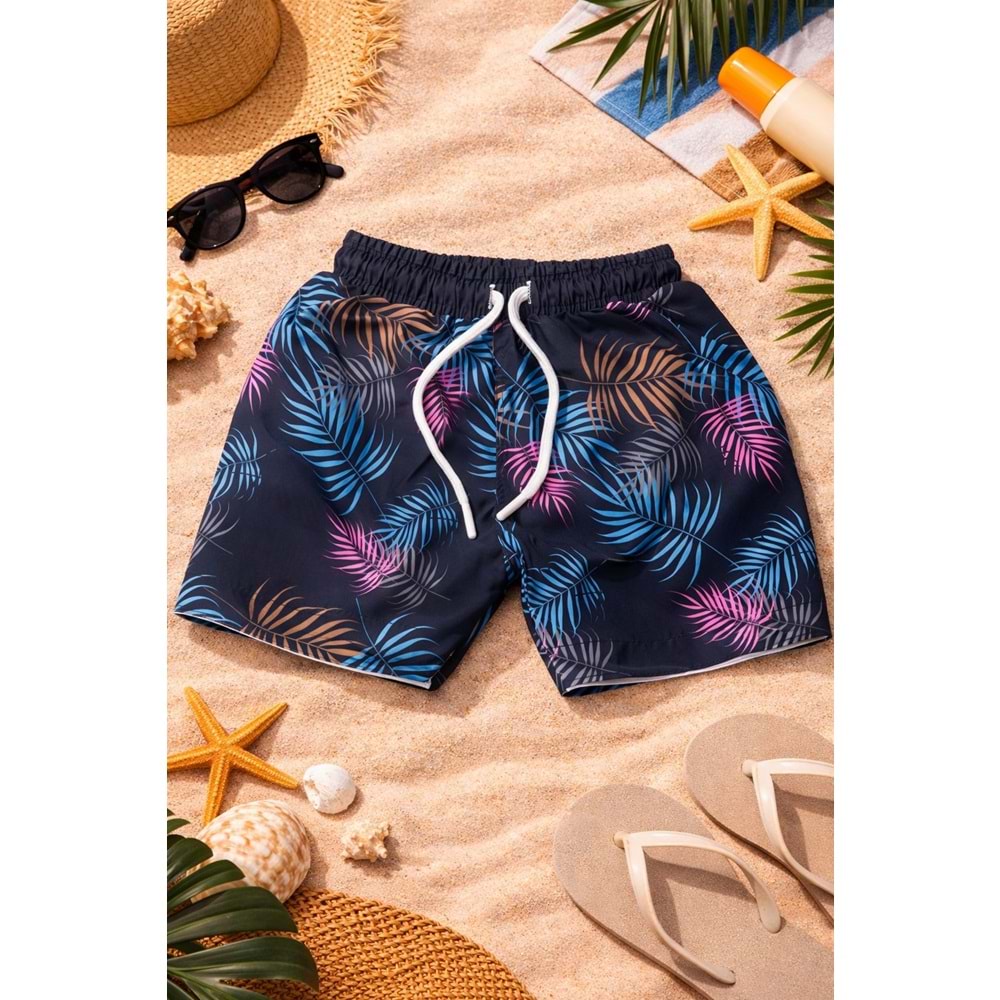 Yeni Sezon Erkek Çocuk Desenli Baskılı Bel Bağcıklı Şort Mayo Fileli Tam / Regular Kalıp - SİYAH - 3-4 YAŞ