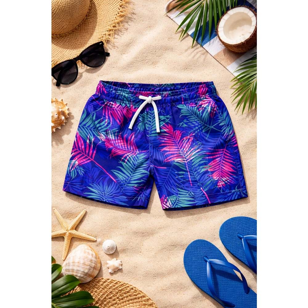 Yeni Sezon Erkek Çocuk Desenli Baskılı Bel Bağcıklı Şort Mayo Fileli Tam / Regular Kalıp - ALTIN - 2-3 YAŞ