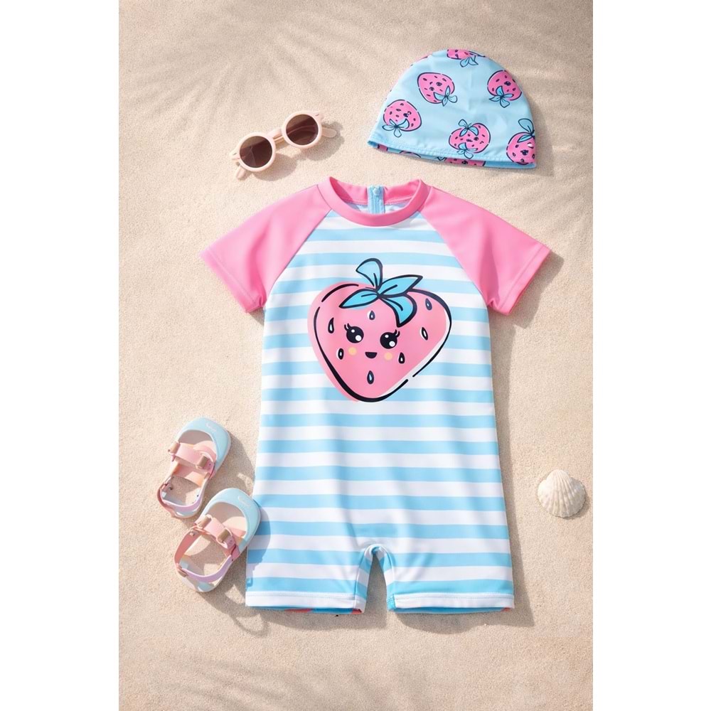Kız Çocuk Yeni Sezon Mini Çilek Plaj Mayo + Bone Set / Takım - PASTEL PEMBE - 2-3 YAŞ