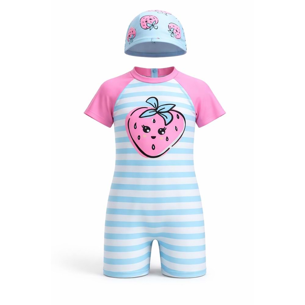 Kız Çocuk Yeni Sezon Mini Çilek Plaj Mayo + Bone Set / Takım - PASTEL PEMBE - 2-3 YAŞ
