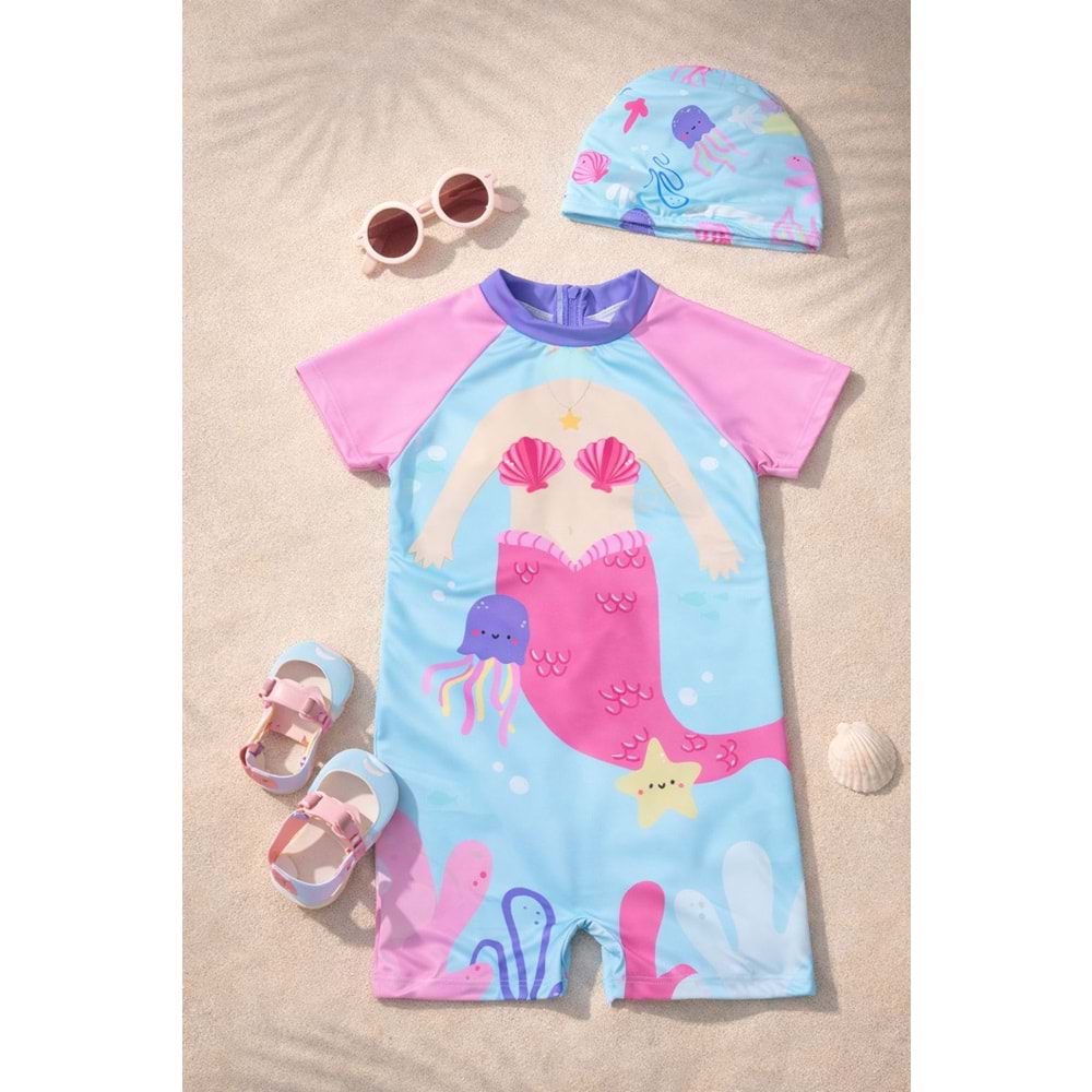 Kız Çocuk Yeni Sezon Deniz Kızı Plaj Mayo + Bone Set / Takım - PEMBE - 2-3 YAŞ