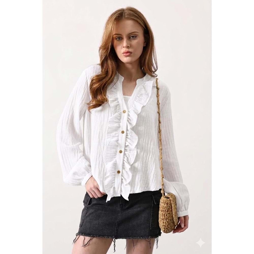 Fırfır Detaylı Transparan Gömlek Ve Askılı İç Bluz - BEYAZ - L