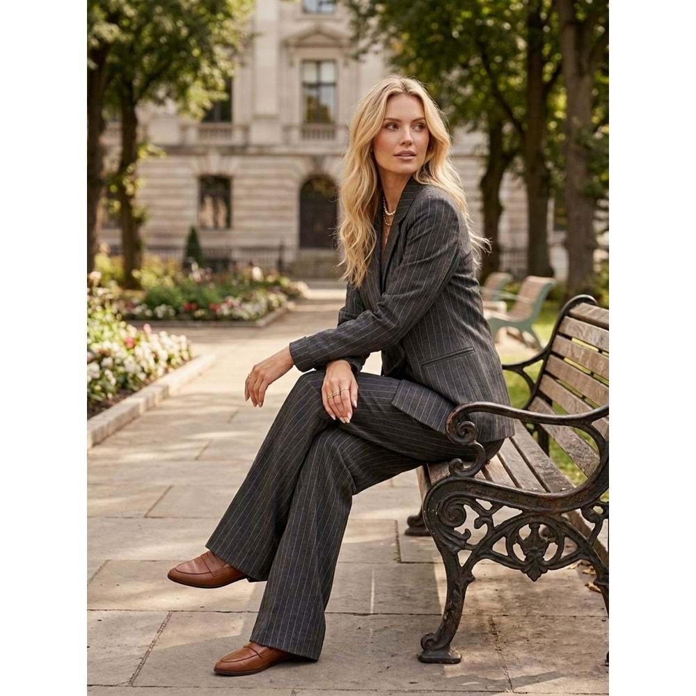 Çizgili Kruvaze Ceket Ve Geniş Paça Pantolon Oversize Takım - ANTRASIT - L