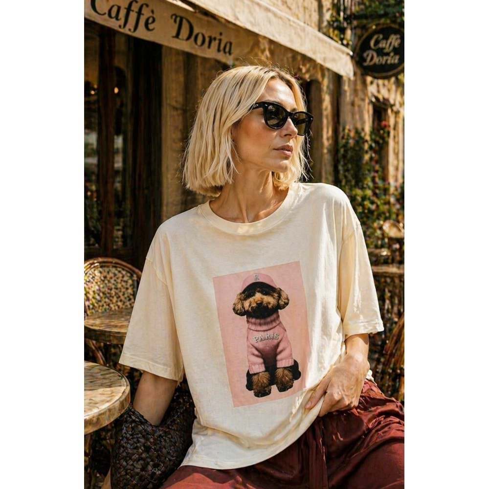 Paris Teddy Daily Chick Mode Baskılı Premium T-Shirt - PASTEL PEMBE - L - ST01114-PASTEL PEMBE-L