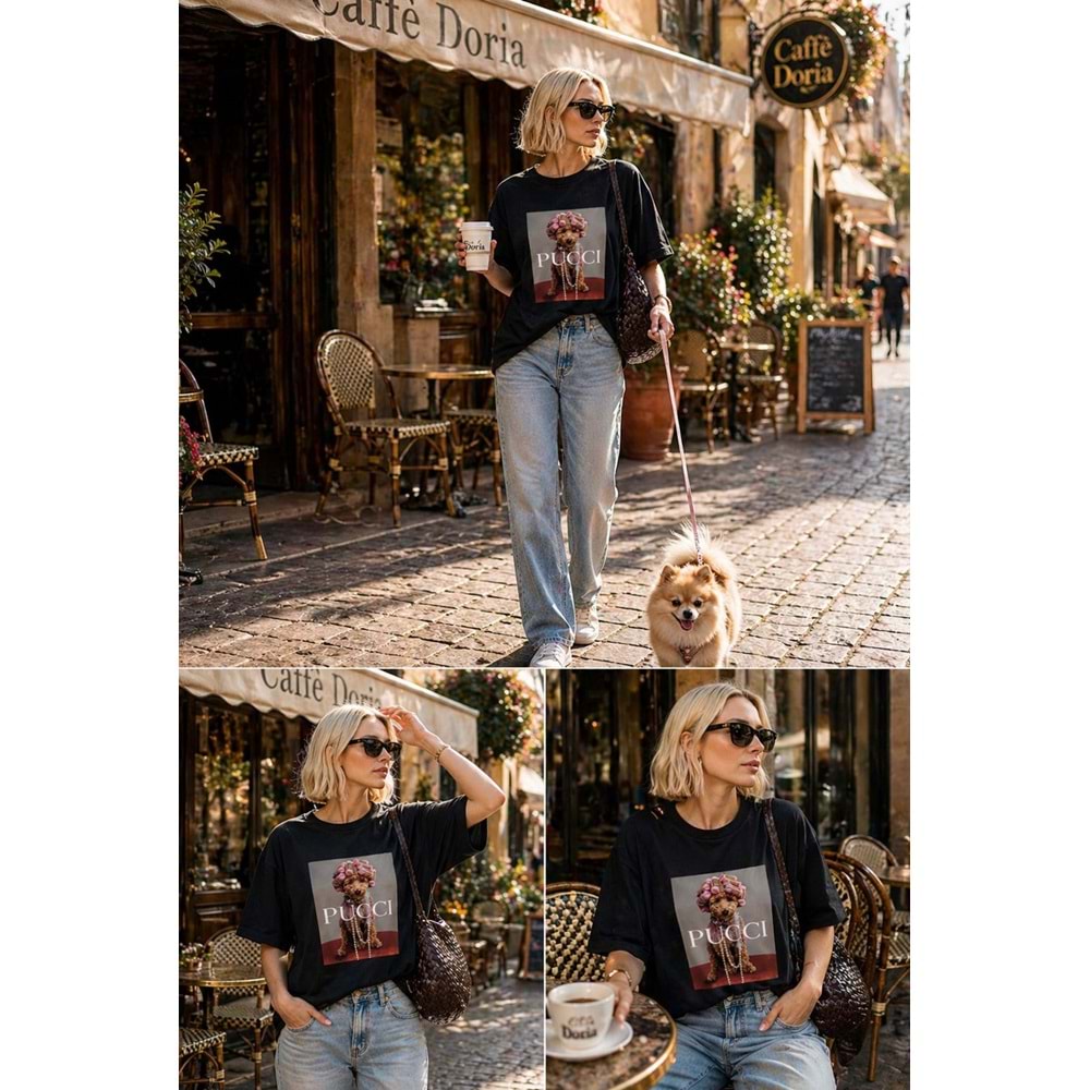 Pucci Süslü Premium Baskı Desen T-Shirt - SİYAH - L - ST01115-SİYAH-L