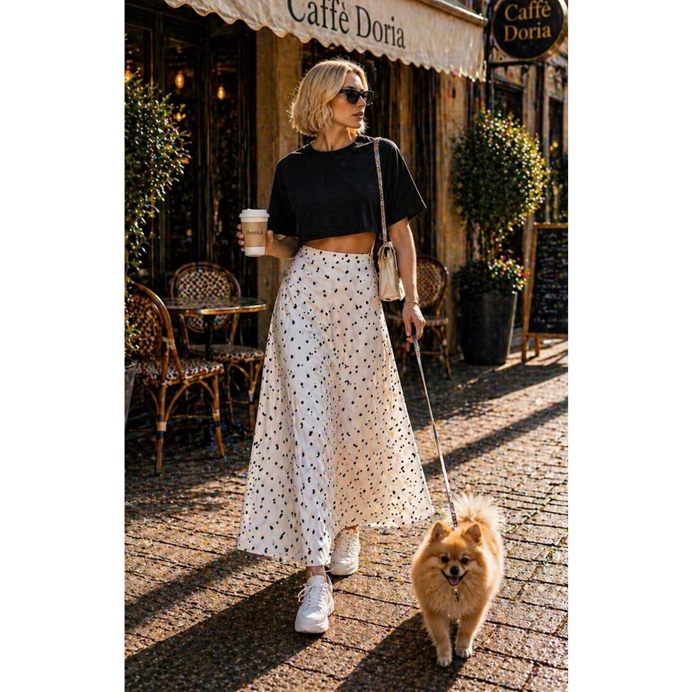 Soft Dot Chic Puantiyeli Midi Boy Etek - BEYAZ - L - ST01116-BEYAZ-L