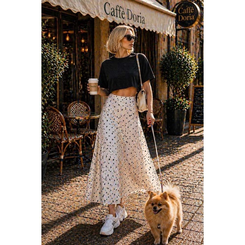 Soft Dot Chic Puantiyeli Midi Boy Etek - BEYAZ - L - ST01116-BEYAZ-L