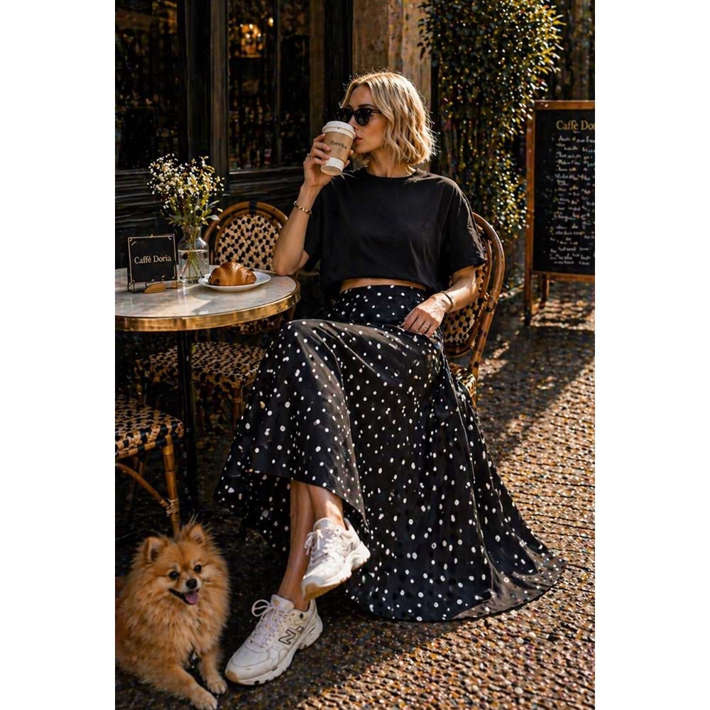 Soft Dot Chic Puantiyeli Midi Boy Etek - SİYAH - L - ST01116-SİYAH-L