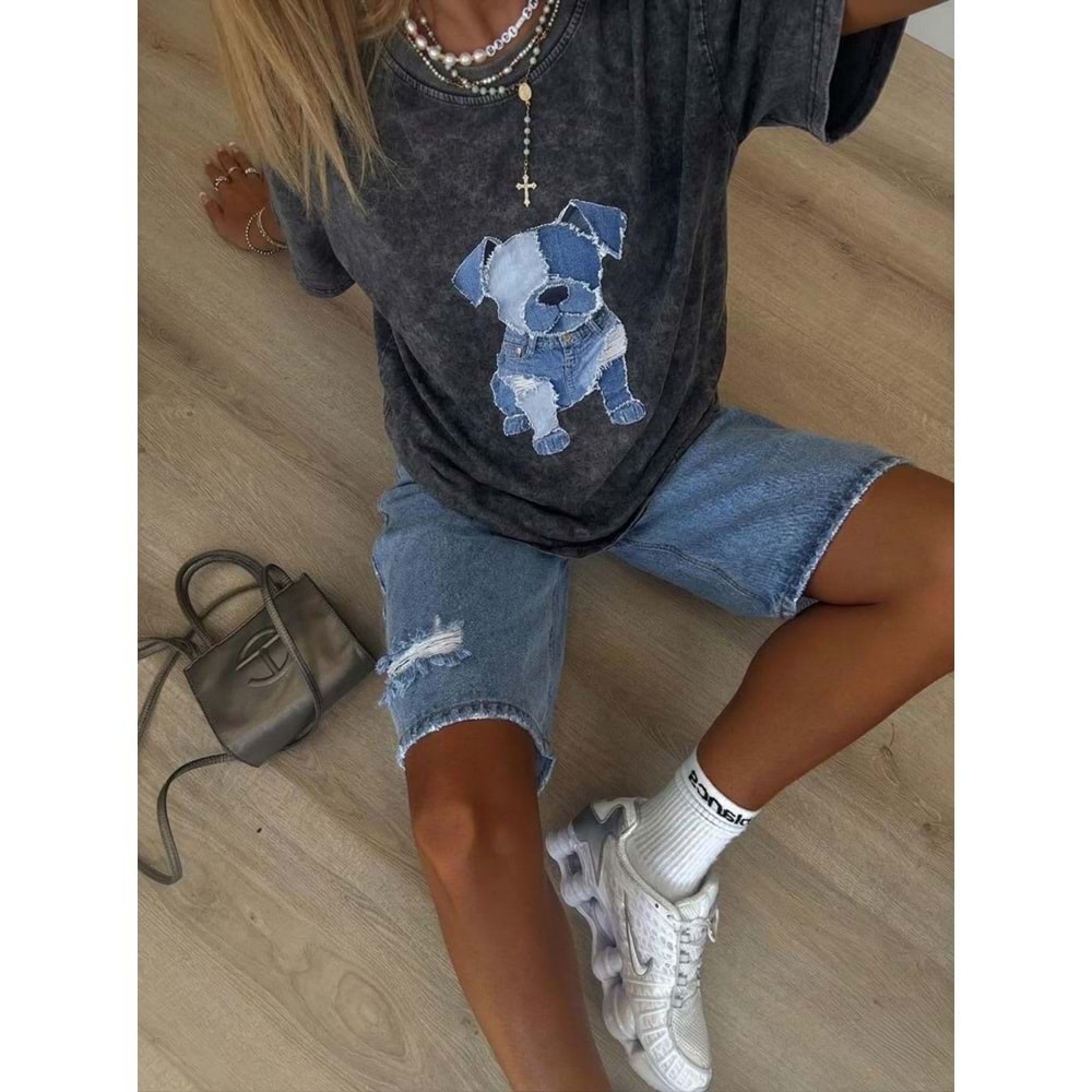 Yeni Sezon Çizim Köpek Baskılı Koyu Gri Yıkamalı T-Shirt