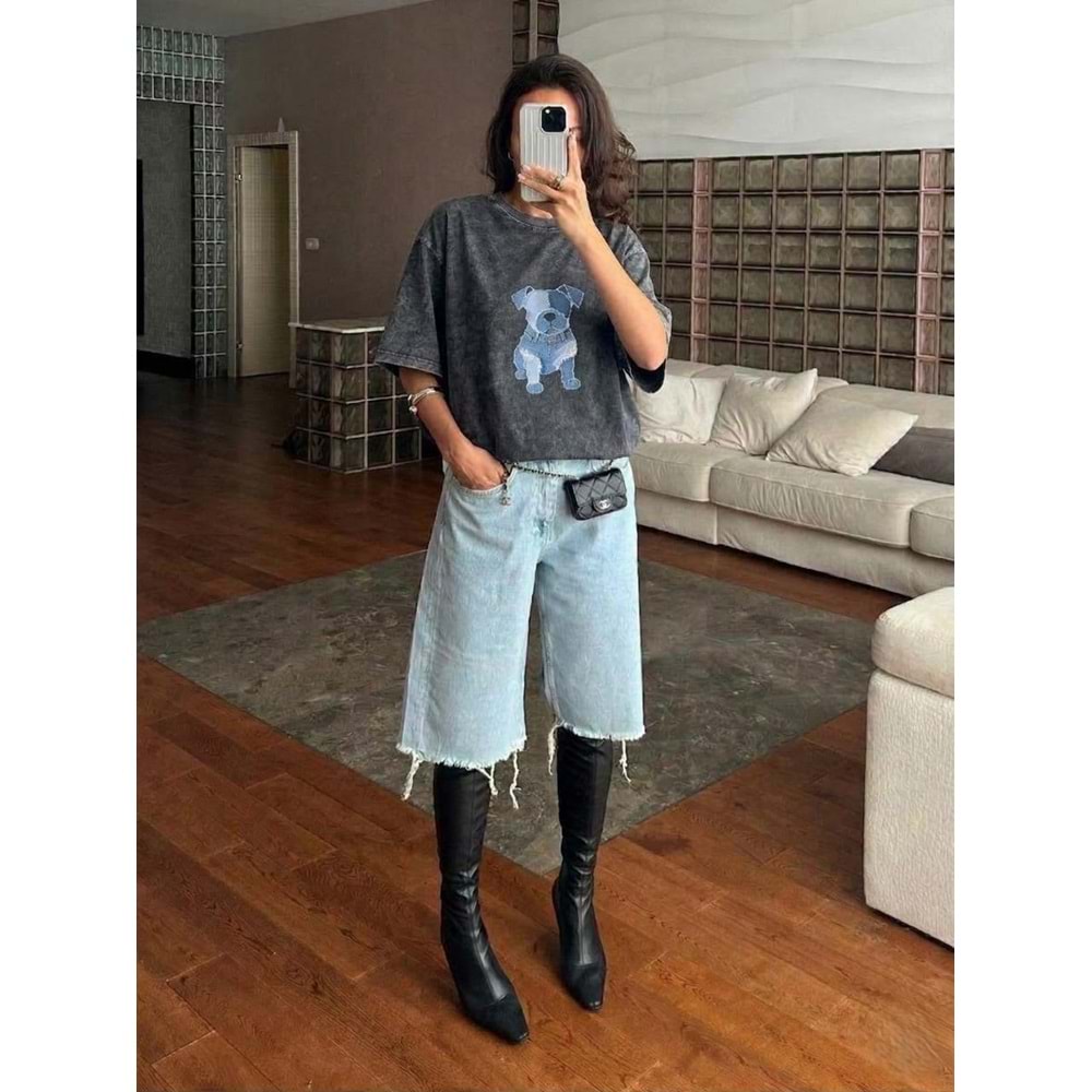 Yeni Sezon Çizim Köpek Baskılı Koyu Gri Yıkamalı T-Shirt