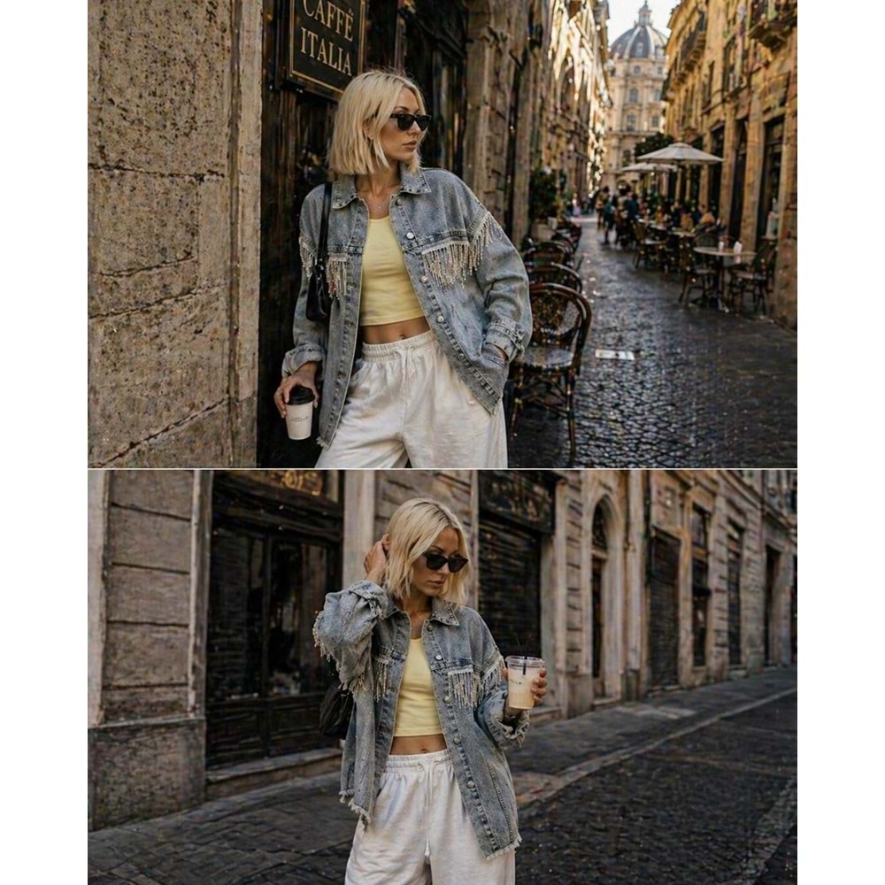 Taş Sarkıt Yıkama Detaylı Denim / Kot Ceket Yeni Sezon