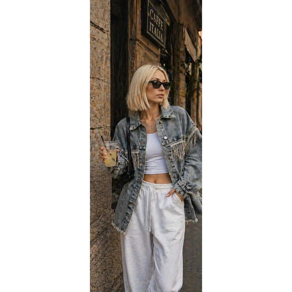 Taş Sarkıt Yıkama Detaylı Denim / Kot Ceket Yeni Sezon