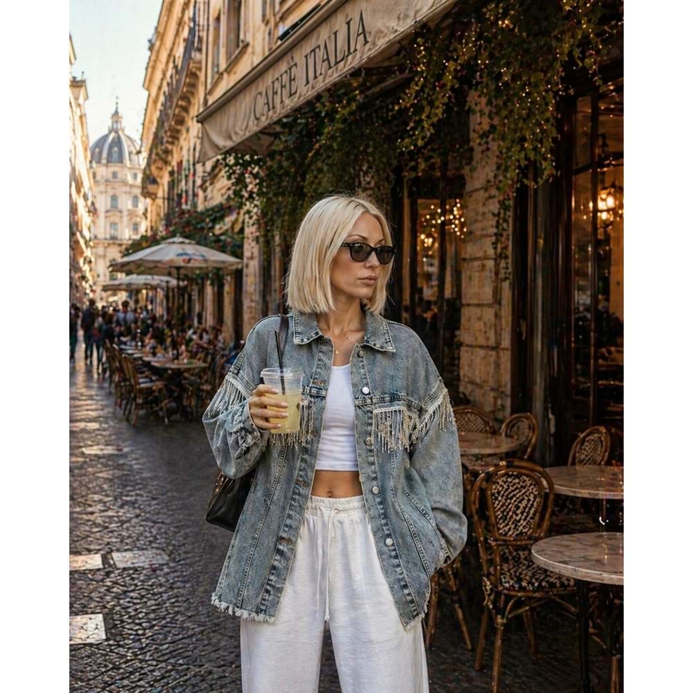 Taş Sarkıt Yıkama Detaylı Denim / Kot Ceket Yeni Sezon