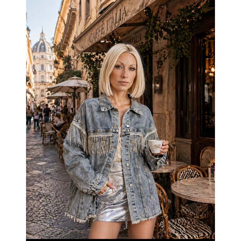 Taş Sarkıt Yıkama Detaylı Denim / Kot Ceket Yeni Sezon