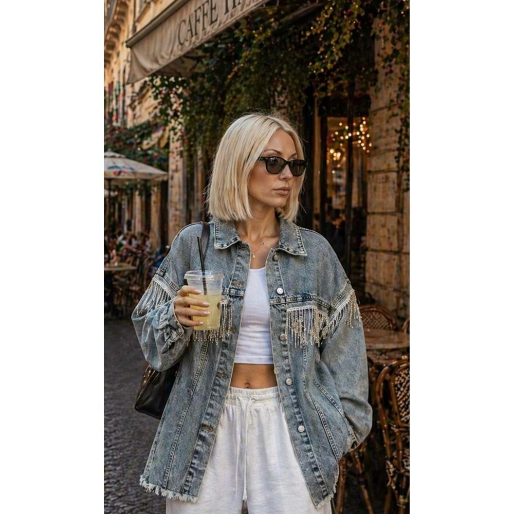 Taş Sarkıt Yıkama Detaylı Denim / Kot Ceket Yeni Sezon