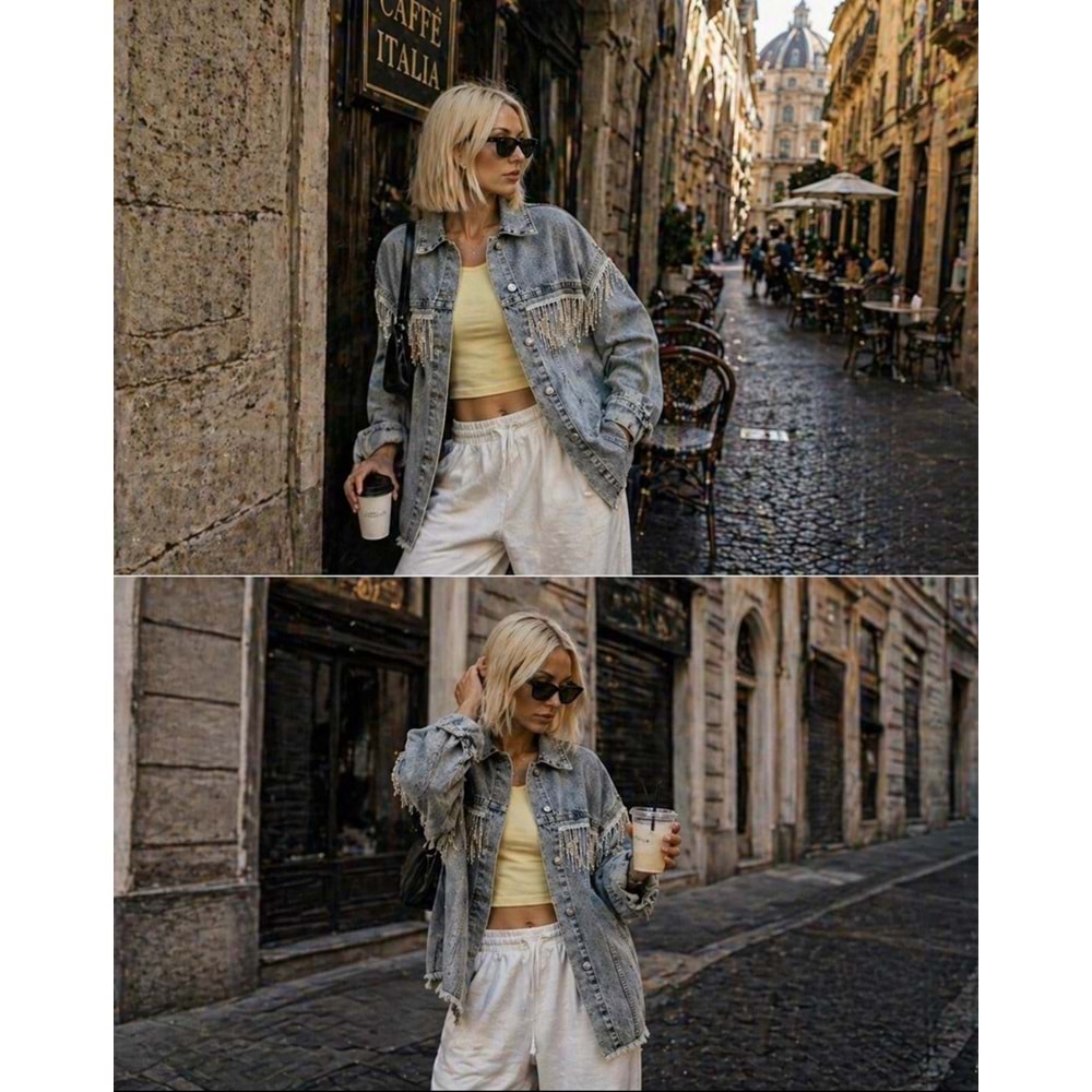 Taş Sarkıt Yıkama Detaylı Denim / Kot Ceket Yeni Sezon