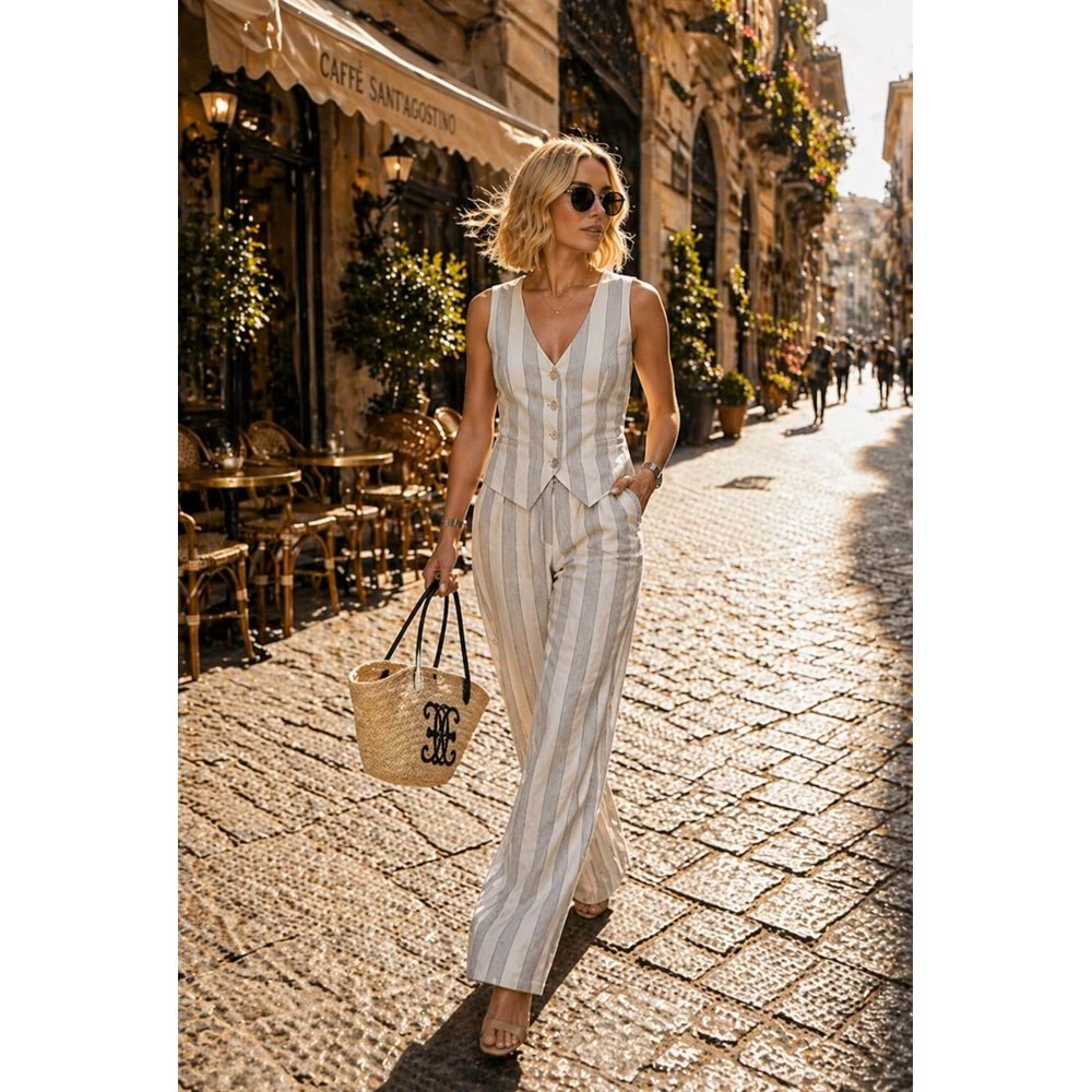 Portofino Cizgili Viskon Keten Yelek Pantolon Alt Üst Takım