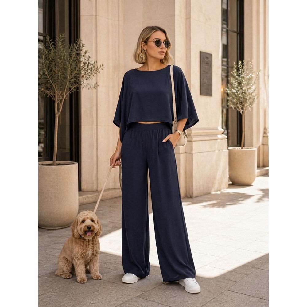 Yeni Sezon Lacivert Renk Akışlı Bohem Alt Üst Takım - LACİVERT - L - ST01138-LACİVERT-L