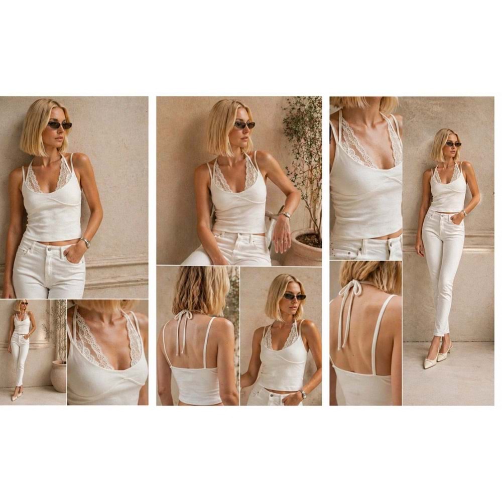 Luxe Lace Whisper Crop Top Ekru Dantel Detaylı Bluz