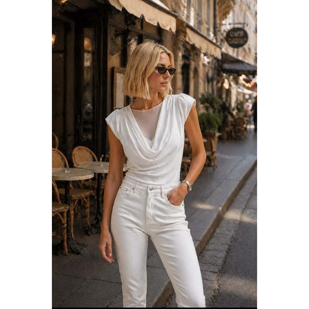 Premium Vatka Omuz Degaje Yaka Tül Katmanlı Bluz - BEYAZ - L - ST01150-BEYAZ-L