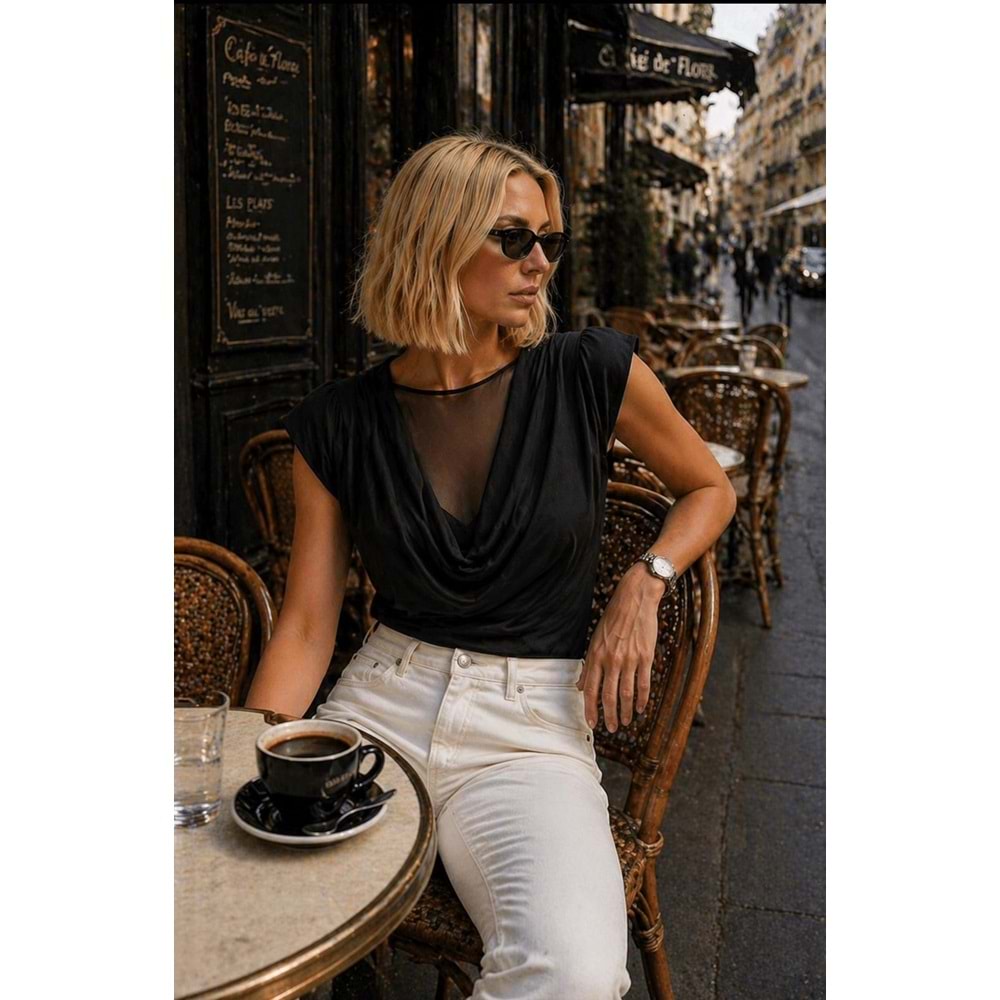 Premium Vatka Omuz Degaje Yaka Tül Katmanlı Bluz - SİYAH - L - ST01150-SİYAH-L