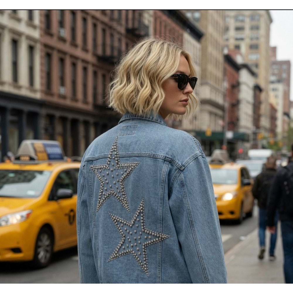 Shining Star Denim Kot Ceket Sırt ve Omuz Taş Boncuk İşlemeli - KOT MAVİ - 38 - ST01214-KOT MAVİ-38