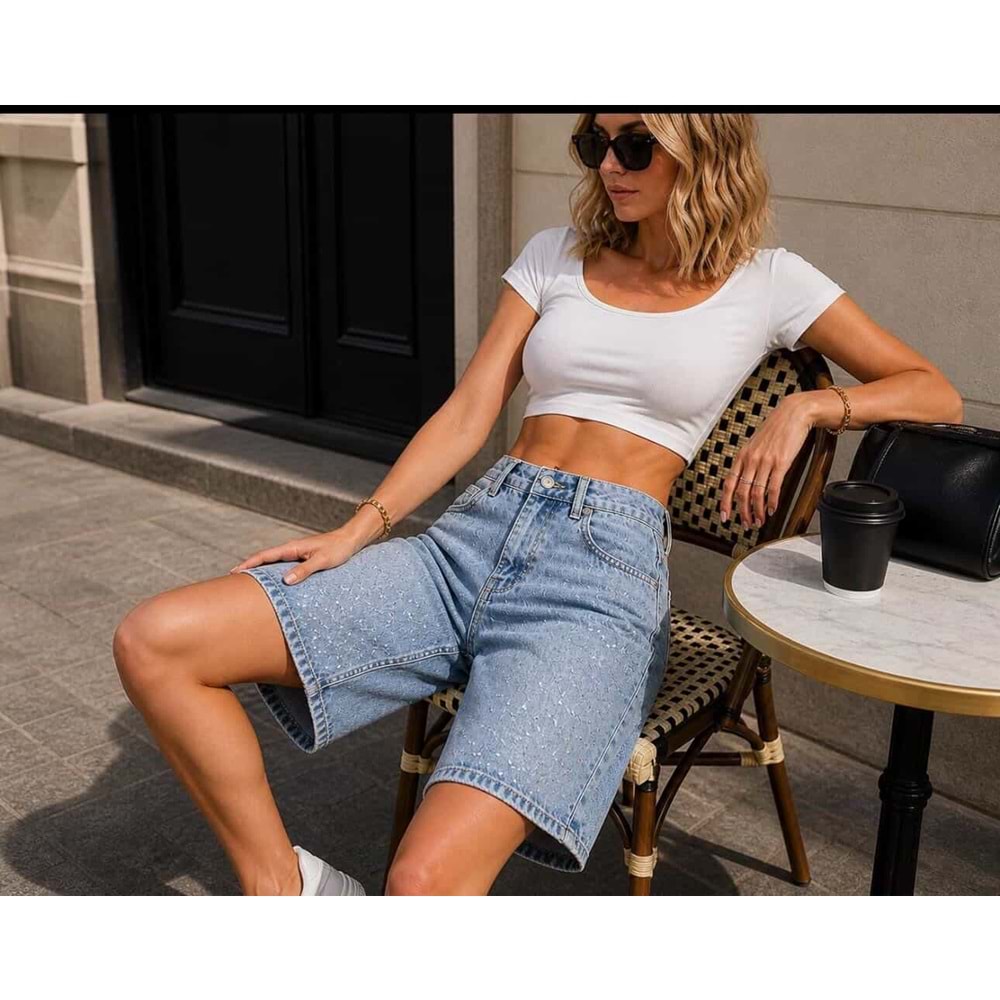 Midnight Blue Sparkle Baggy Jean Taş Detaylı Kot Şort