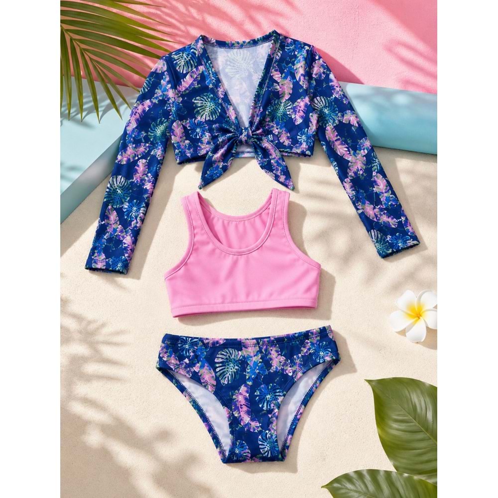 Yaprak - Tropik Desen Pembe Mavi Ton Pareo Halter Yaka Bikini Takımı 3'lü Set