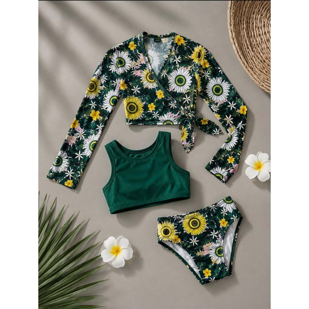Kız Çocuk Papatya Tropik Desen Pareo Halter Yaka Bikini Takımı 3'lü Set