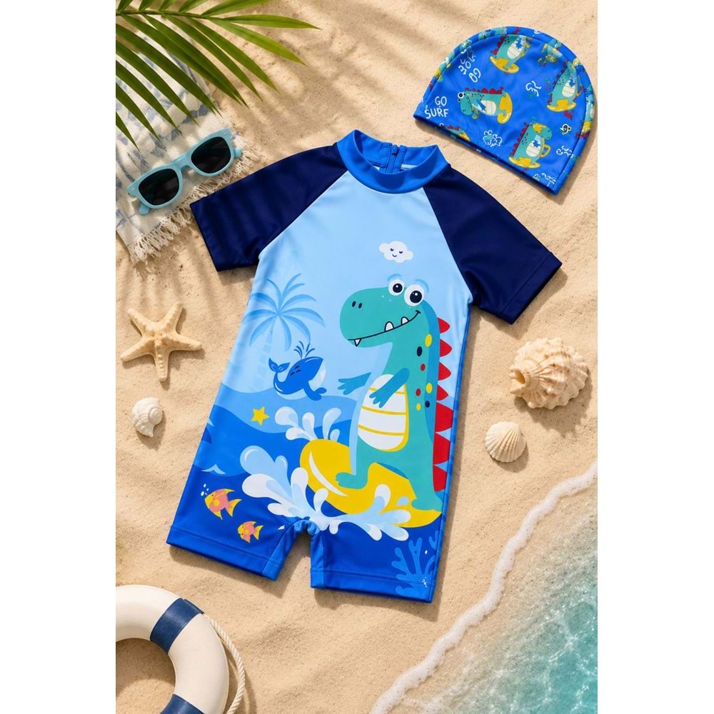 Erkek Çocuk Mini Dino Wawe Surfer Tarz Kısa Kollu Mayo Bone Takımı