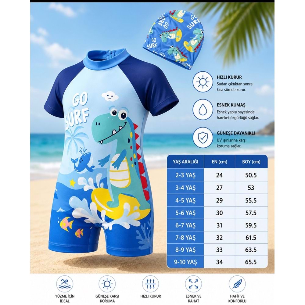 Erkek Çocuk Mini Dino Wawe Surfer Tarz Kısa Kollu Mayo Bone Takımı